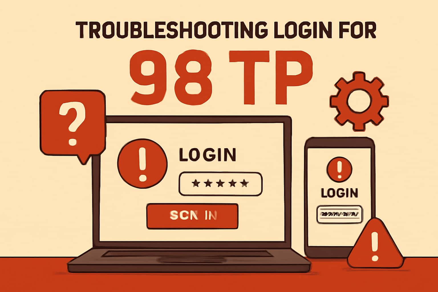 A high-tech representation of troubleshooting login for 98 TP with clear text.