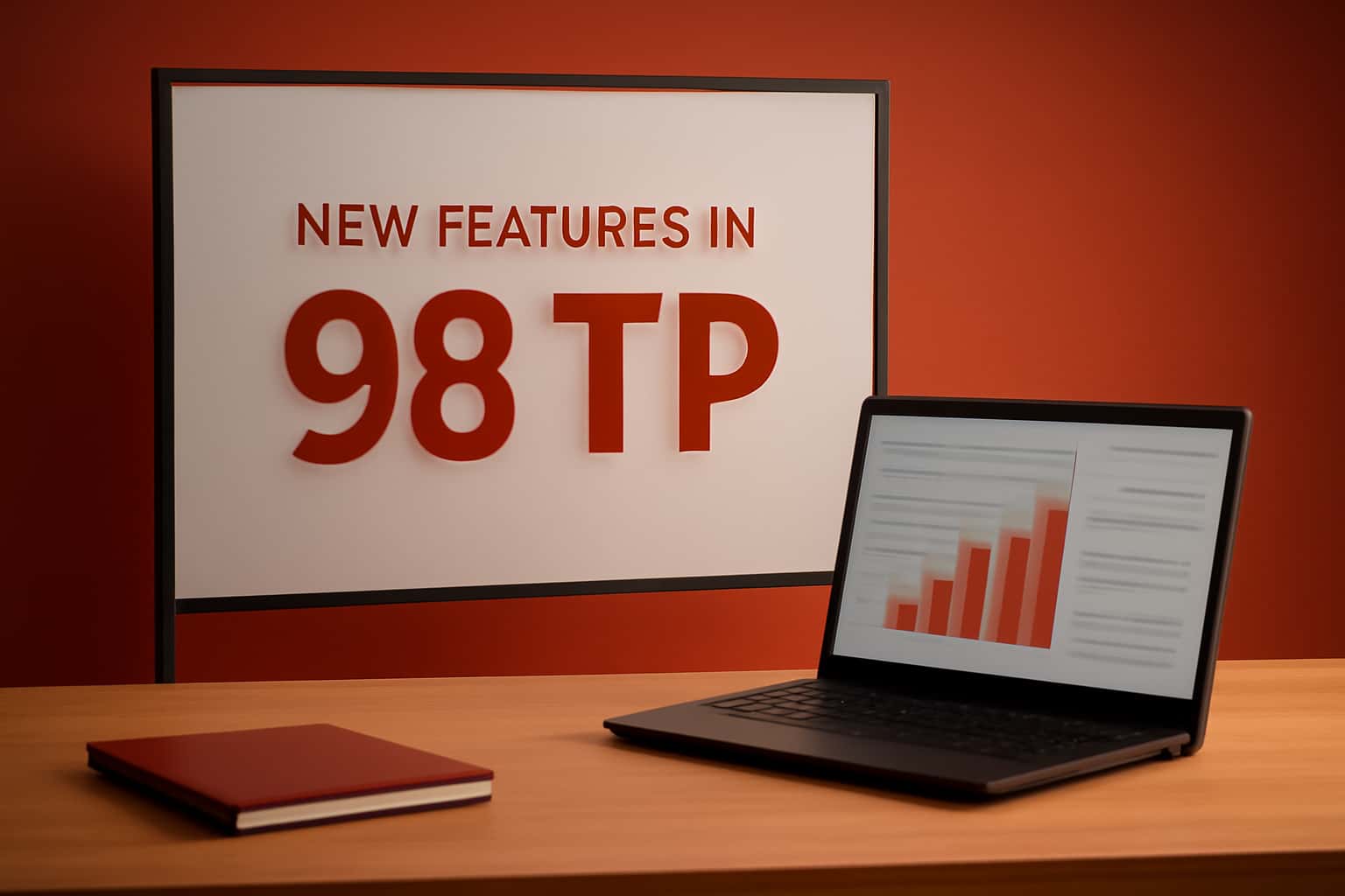 Informational scene highlighting new features in 98 TP with a high-tech design.