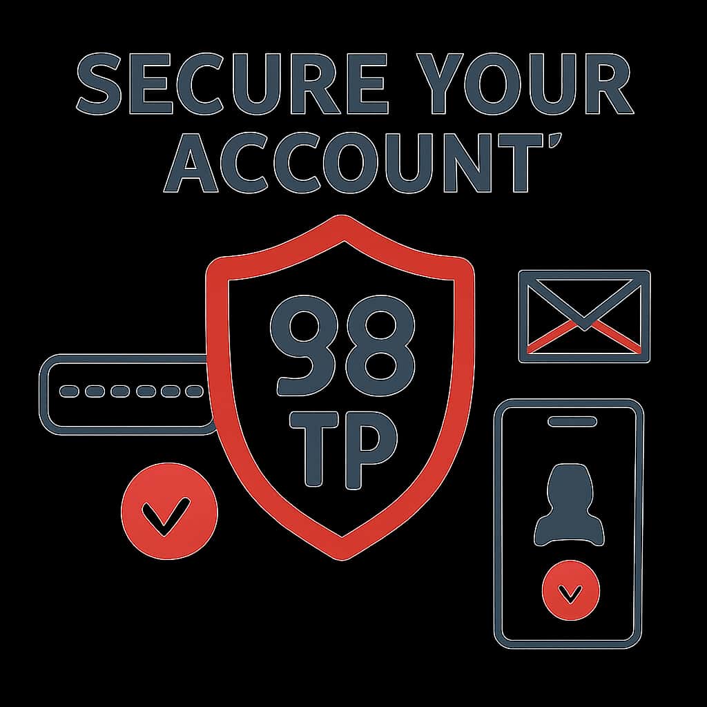 An educational diagram outlining steps to secure your 98 TP account, featuring the text '98 TP'.